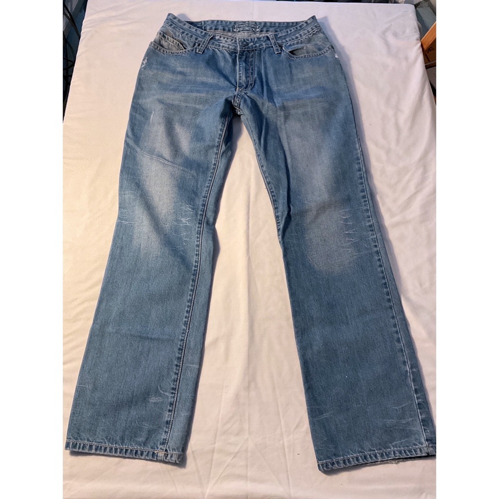 Robins Jean Long Flap Studded Straight Leg Jeans Light Wash Blue Red Silver 34